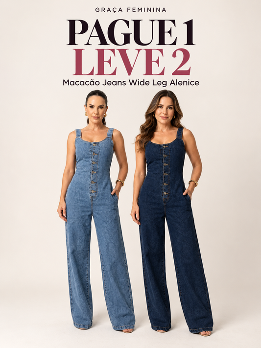 Macacão Jeans Wide Leg Alenice - Pague 1 Leve 2