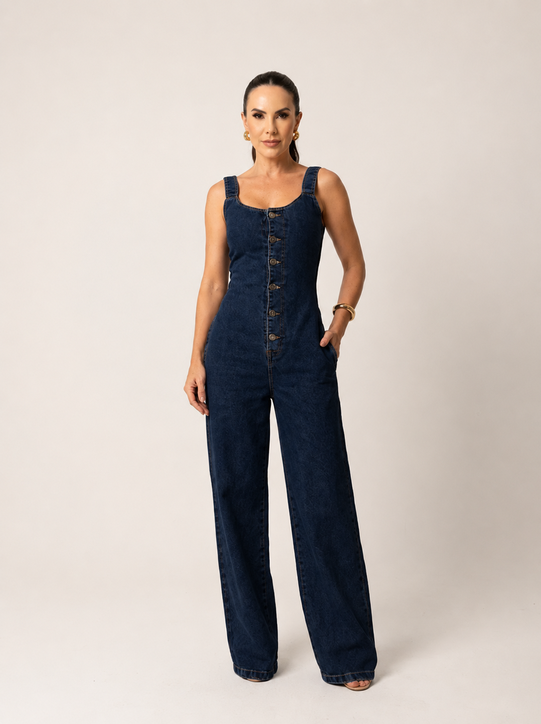 Macacão jeans wide leg feminino Alenice — Grassa Boutique