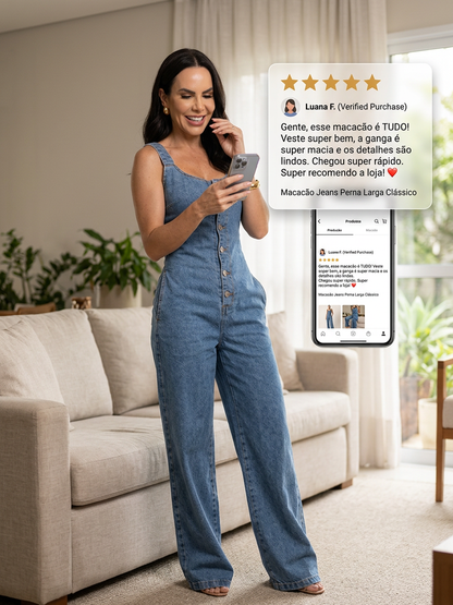 Modelo usando macacão jeans wide leg feminino Alenice — Grassa Boutique